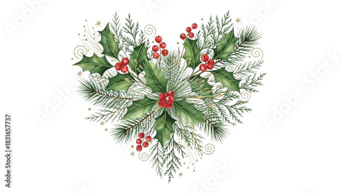 Watercolor Christmas Heart Wreath with Holly Leaves, Pine Branches and Red Berries Illustration