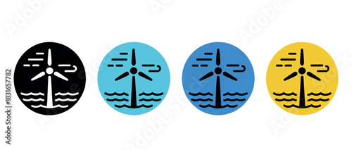 Four circular icons depict offshore wind turbines in different color backgrounds representing energy generation.