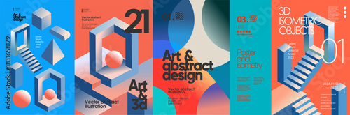 Modern 3D isometric abstract poster designs with geometric shapes, cubes, stairs, and gradients for futuristic branding, poster, digital art, creative layouts, background, pattern and visual identity