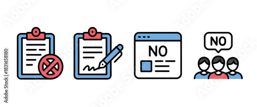 Icons depict a checklist with a forbidden symbol, a signed document, a web page with 'NO', and a group of people saying 'NO'.