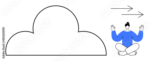 Large cloud outline paired with meditating woman in blue outfit sitting cross-legged, and arrows indicating movement. Ideal for mindfulness, cloud computing, data transfer, balance, connection, flow