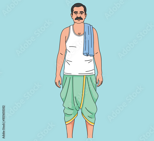 Cartoon Indian man, traditional clothing, white vest, green dhoti, blue towel, cultural attire, rural theme, flat vector illustration