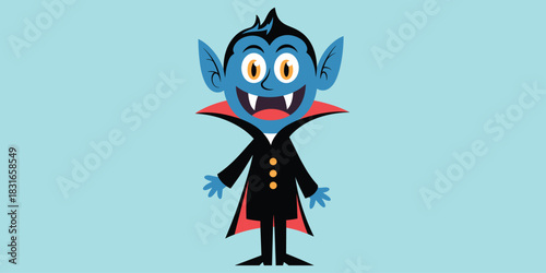 Cartoon vampire character, blue skin, pointed ears, sharp fangs, black outfit, Halloween theme, spooky kids design, flat vector illustration