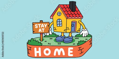 Stay at home cartoon, anthropomorphic house, public health message, red roof, blue door, safety awareness, flat vector illustration