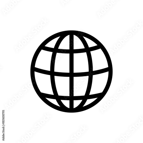 Global internet symbol icon showing a stylized earth globe grid for digital communication and worldwide network connection sign