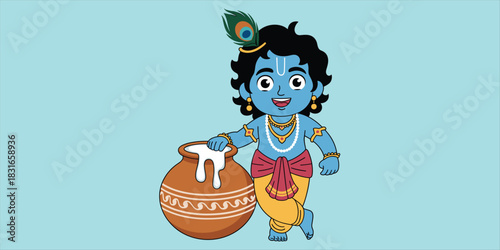 Bal Krishna cartoon, Makhan Chor, cute Hindu god, butter pot, peacock feather, Janmashtami celebration, flat vector illustration