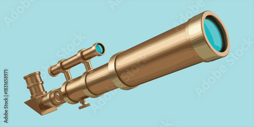 Brass telescope cartoon, light blue lens, classic optical scope, finderscope detail, astronomy tool, flat vector illustration