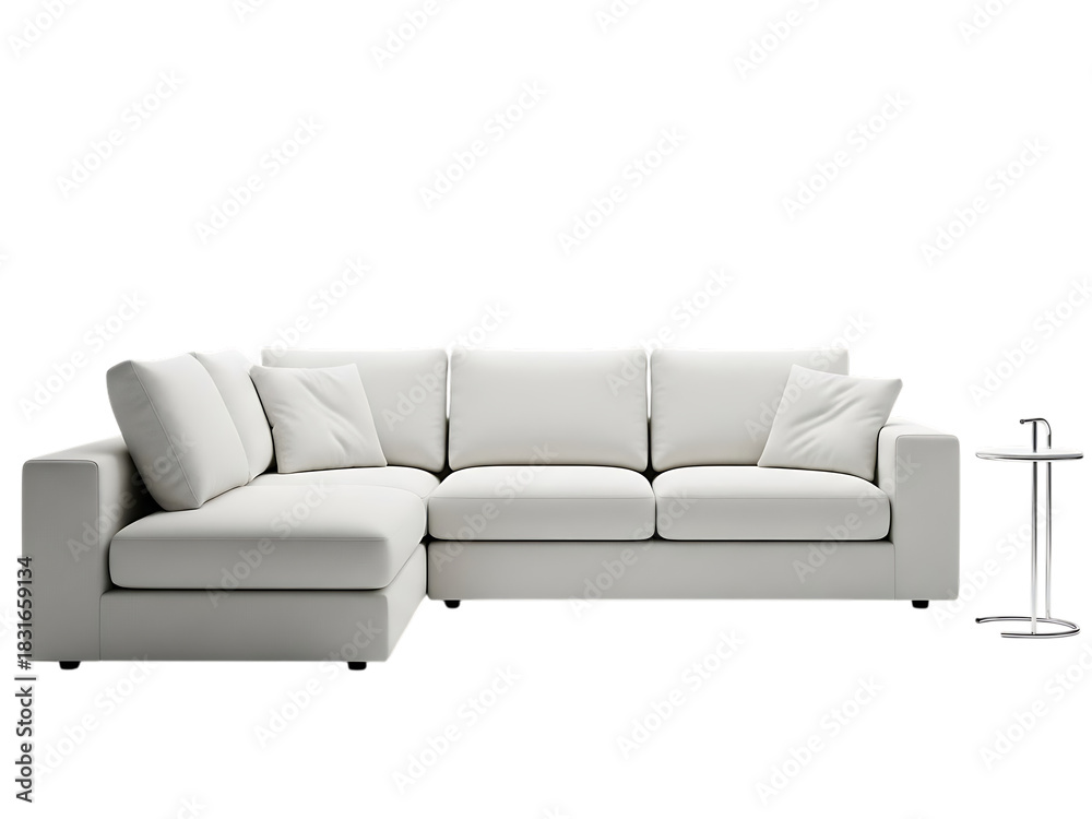 Fototapeta premium Modern white sectional sofa with plush cushions and a small side table isolated on transparent background