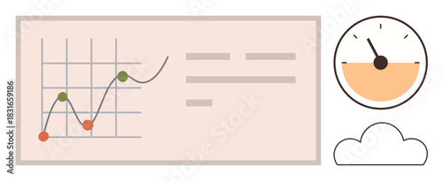 Graph with upward trend line, dots on key points, speedometer showing progress, and cloud icon. Ideal for analytics, performance, growth, trends business progress productivity. Simple flat