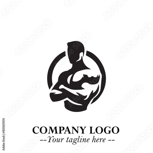 Man With Muscle Logo Symbol in Black on White Background for Strong Bold Fitness Branding Design Art