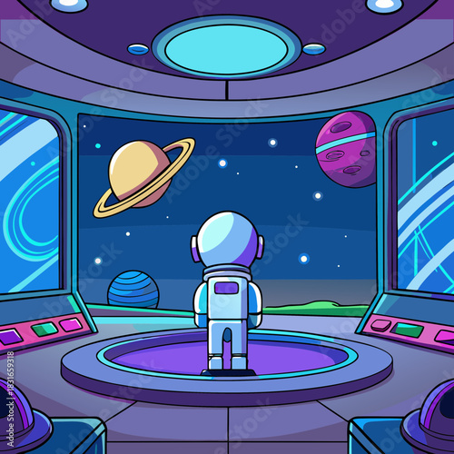 Astronaut gazes out spaceship window at colorful alien planets and stars