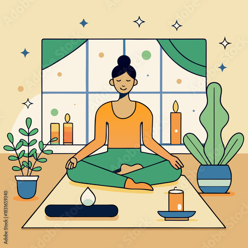 Woman meditating peacefully in a serene room with plants and candles