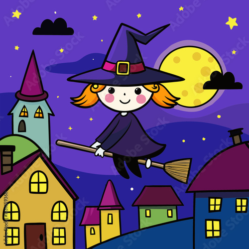 Cute cartoon witch flying on broomstick over colorful houses at night