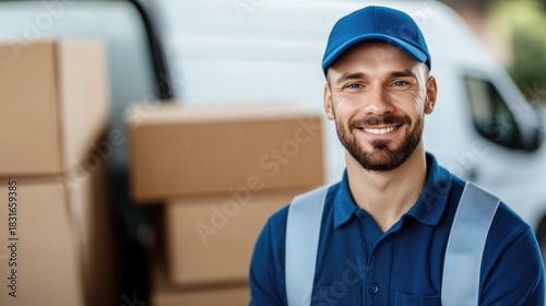 Smiling Delivery Driver Unloading Packages from Van in Commercial Area Providing Professional Shipping and Logistics Services