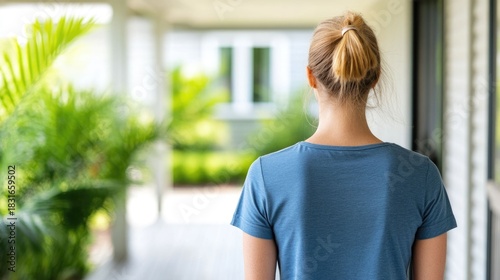 Delivery Woman in Blue Shirt Walks Up to Suburban Home Porch Carrying Parcel in Bright Daylight