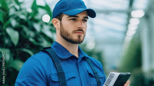 Delivery Worker in Blue Uniform and Cap Efficiently Scanning Barcode on Parcel for Tracking and Inventory Management