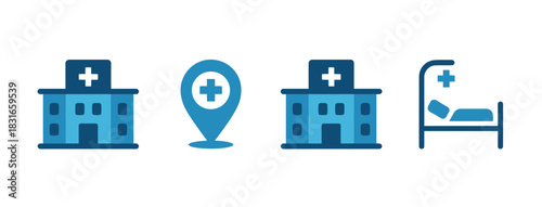 Collection of medical icons featuring a hospital building, a location pin with a cross, another hospital building, and a hospital bed with a cross.