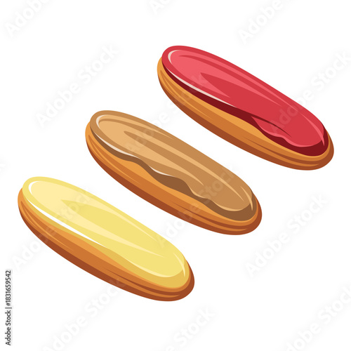 Traditional french dessert - eclairs with chocolate, fruit and berries isolated on a white background. Cartoon style. Sweets - cupcakes. Illustration for children.