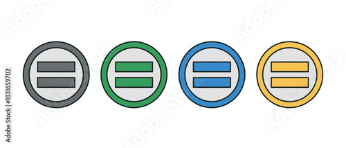 Four circular icons each containing two horizontal lines representing equality, in different colors.