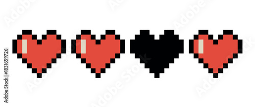 A video game health bar shows three red hearts and one black heart, indicating partial health.