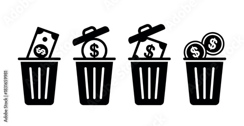 Four trash cans are shown with dollar bills and coins being thrown away, symbolizing financial waste.