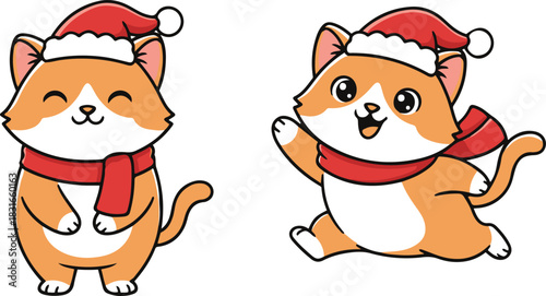 A cute cartoon vector illustration set of an orange and white cat wearing a Santa hat and red scarf, depicted in two poses: standing happily and running playfully.