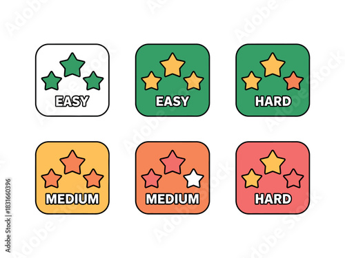 A set of six graphical rating icons indicating difficulty levels ranging from easy to hard, with stars and text.