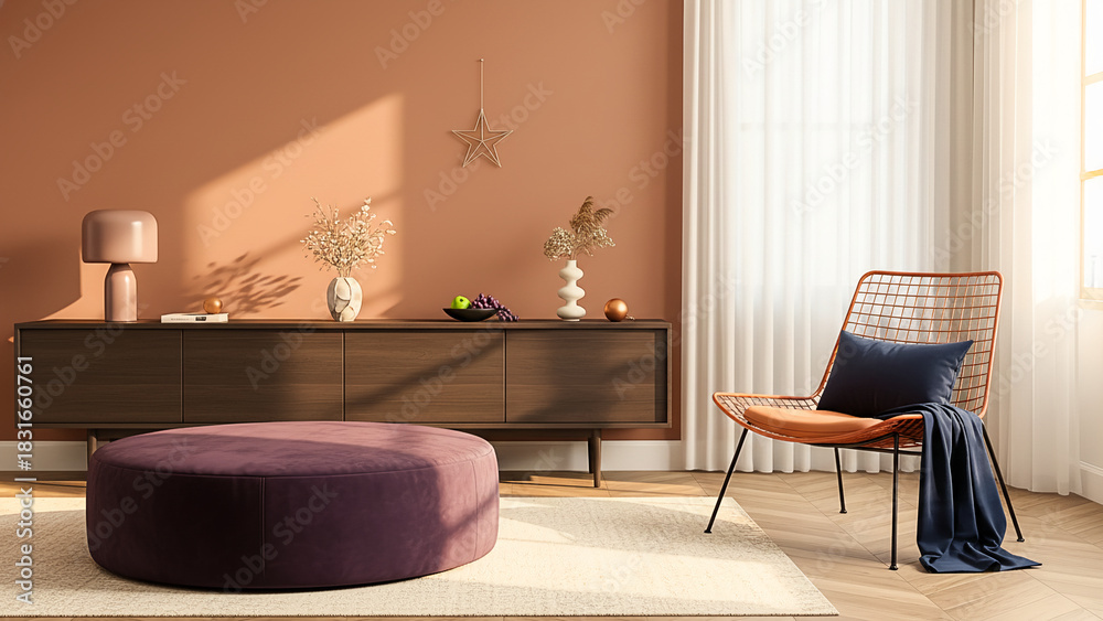 Fototapeta premium Warm and inviting living room with terracotta walls and plush seating