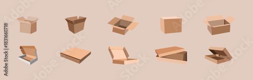 Isometric cardboard boxes closed open and with tags in black. Silhouette of gift boxes with ribbons and bows, vector illustration.
