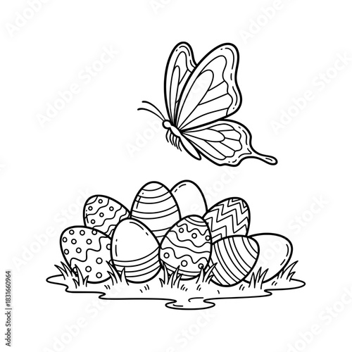 Butterfly and Easter Eggs Springtime Celebration in Black and White.