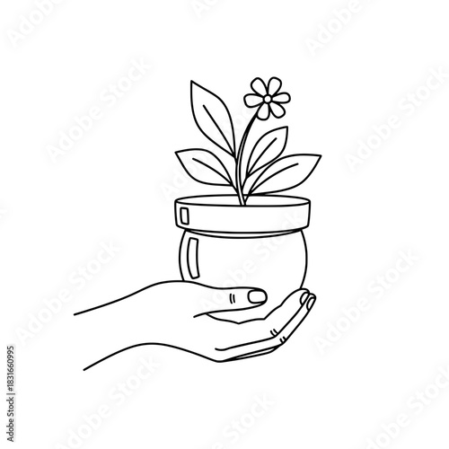 Hand Holding Potted Flower Symbolizing Care and Growth.