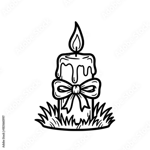 Elegant Candle with Bow and Flame in Detailed Line Art.