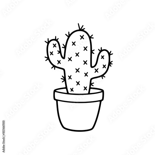 Cactus in a Pot Simple Line Art Illustration.