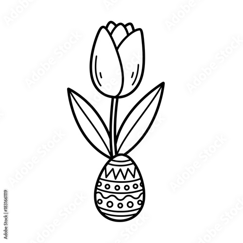 Tulip and Decorated Easter Egg Line Art Illustration.