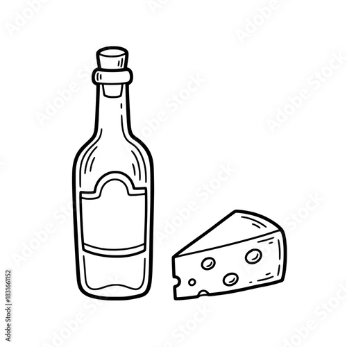 Wine Bottle and Cheese Wedge Illustration in Black and White.