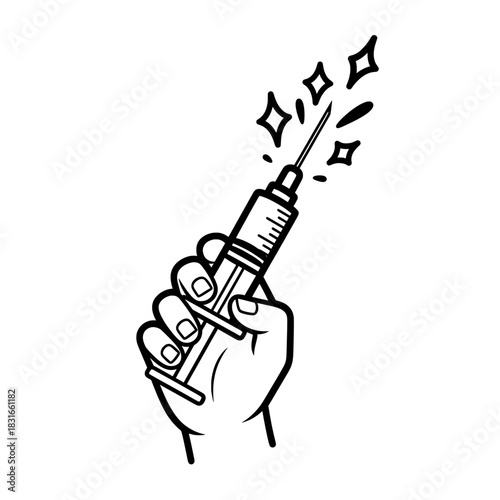 Hand Holding Syringe with Sparkling Liquid.