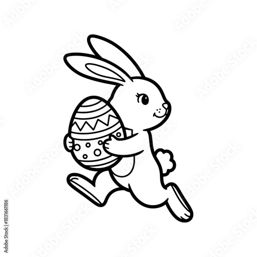 Easter Bunny with Decorated Egg A Whimsical Black and White Illustration.
