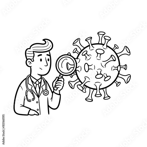 Doctor Examining Coronavirus with Magnifying Glass in Black and White.