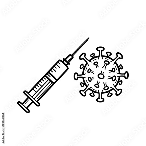 Illustration of a Syringe and Coronavirus for Vaccination Concept.