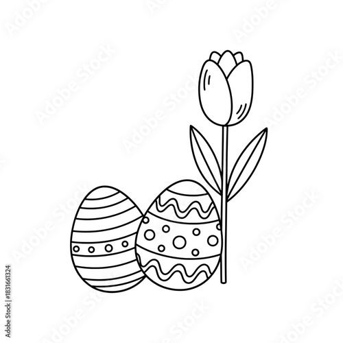 Easter Eggs and Tulip Outline Illustration.