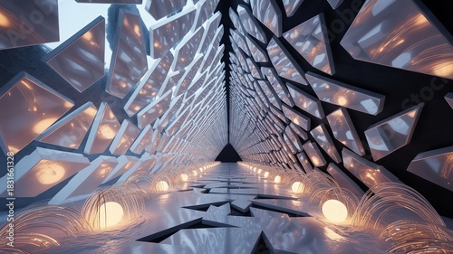 Fototapeta Naklejka Na Ścianę i Meble -  Geometric Plated Tunnel: An Abstract Industrial and Futuristic Corridor of Metal and Light