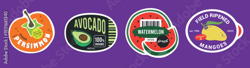 Field rippened tropical fruit stickers. Persimmon avocado watermelon and mango