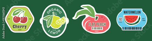Flat peach brand label. Organic lemon sticker isolated