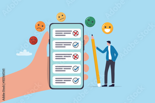 Online survey feedback, client or customer satisfaction review, mobile application, website for quality questionnaire, evaluation concept, businessman giving feedback on online survey on smartphone.
