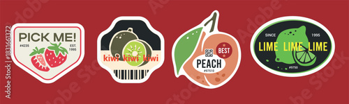 Fresh peach and kiwi sticker set. Lime and strawberry produce labels