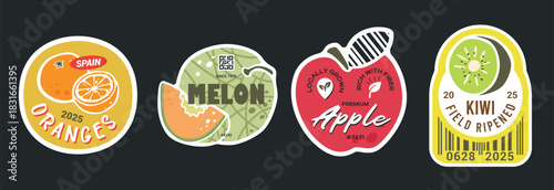 Oranges melon apple and kiwi fruit sticker set. Labels with barcodes