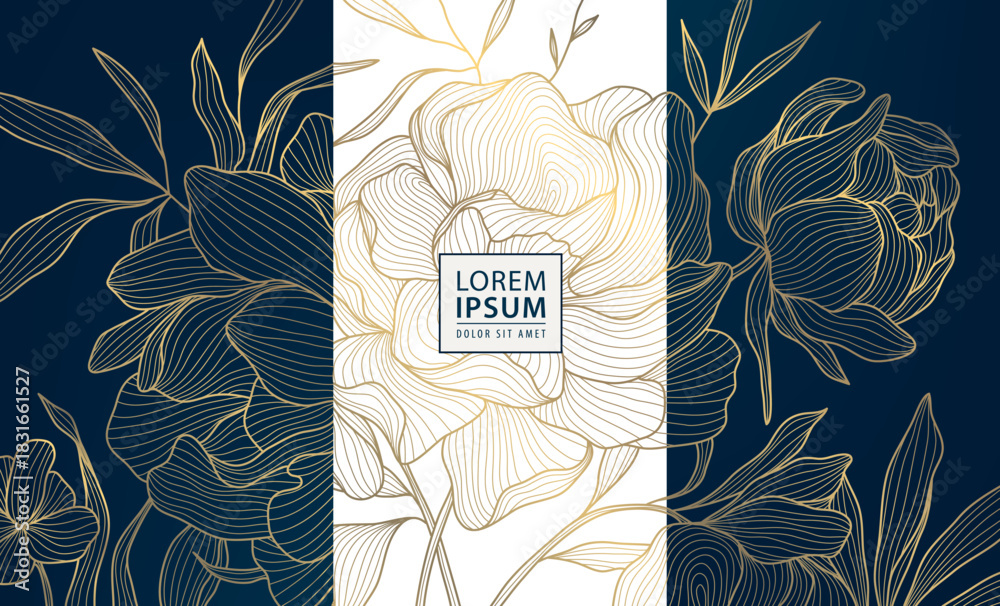 Fototapeta premium Elegant floral vector background, flower gold line patterns, leaves, oriental ornaments, Chinese, Japanese art. Luxury wedding invitations, spring greeting cards, anniversary posters, vintage royal.