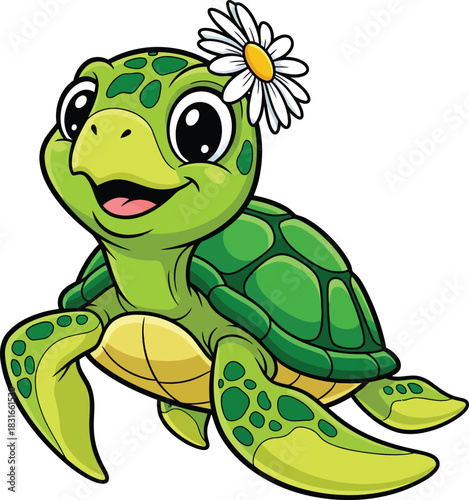 Cute smiling cartoon sea turtle with a white daisy flower on its head.
