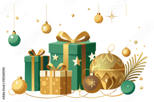 Luxury Christmas Gift Box Flat Lay with Golden Decorations on Green Background.