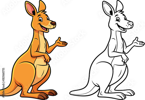 Friendly cartoon kangaroo character standing and gesturing shown in full color and as a black and white line art outline for a coloring book.
